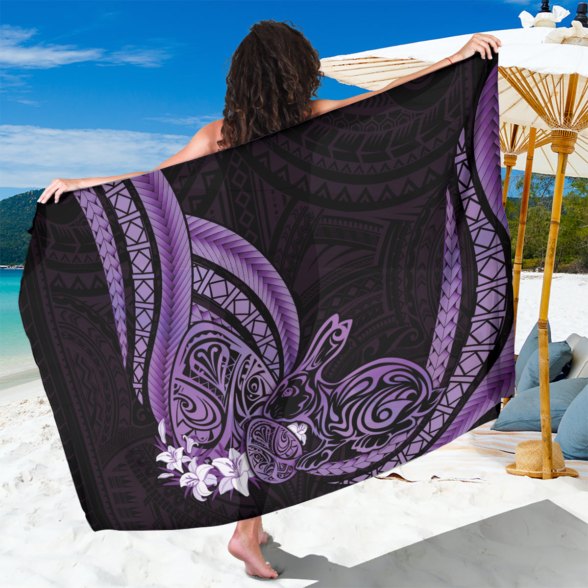 Purple Polynesia Easter Day Sarong Eggs With Bunny Polynesian Pattern LT14 One Size 44 x 66 inches Purple - Polynesian Pride