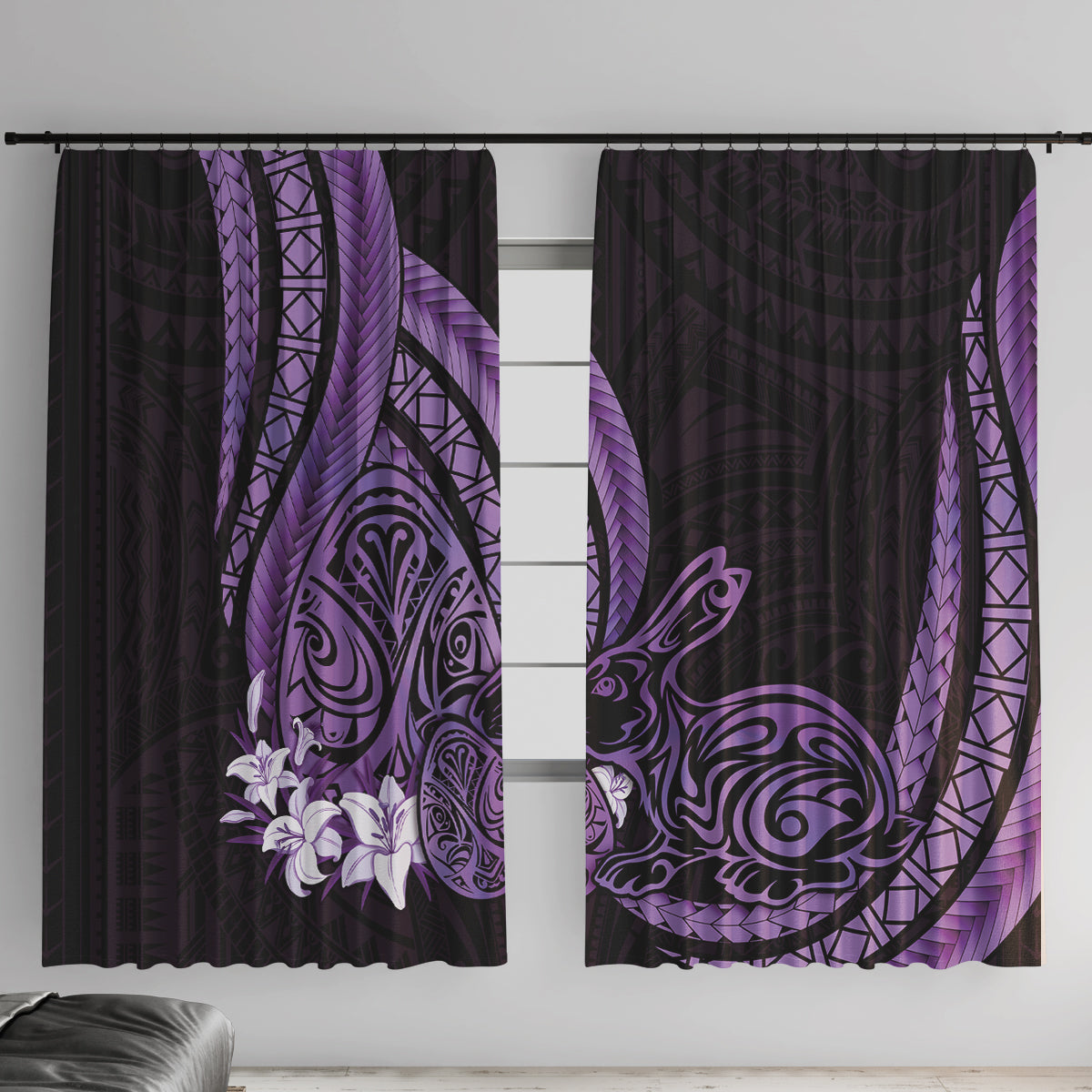 Purple Polynesia Easter Day Window Curtain Eggs With Bunny Polynesian Pattern LT14 With Hooks Purple - Polynesian Pride