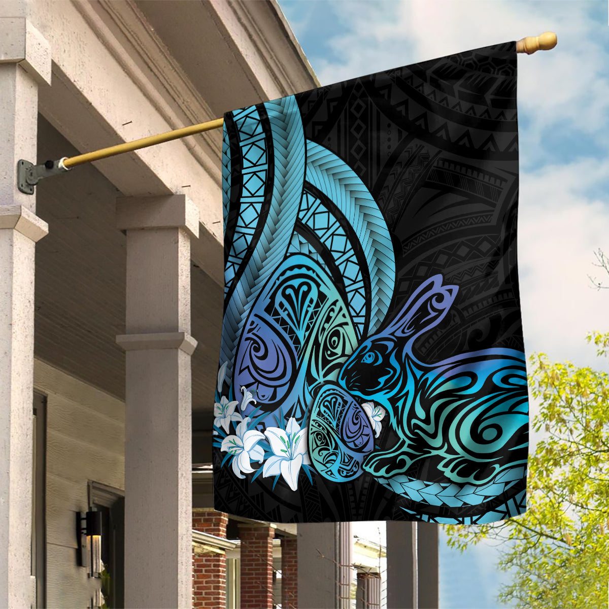 Turquoise Polynesia Easter Day Garden Flag Eggs With Bunny Polynesian Pattern LT14 House Flag Turquoise - Polynesian Pride