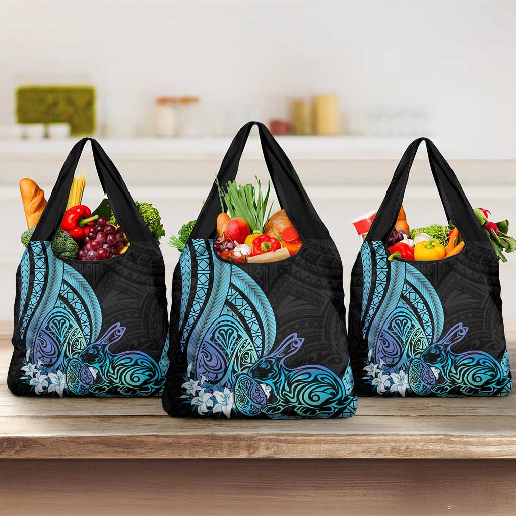 Turquoise Polynesia Easter Day Grocery Bag Eggs With Bunny Polynesian Pattern LT14 3-pack One Size Turquoise - Polynesian Pride