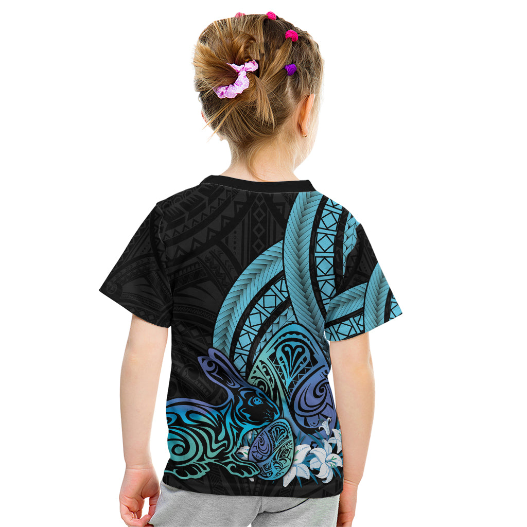 Turquoise Polynesia Easter Day Kid T Shirt Eggs With Bunny Polynesian Pattern LT14 - Polynesian Pride