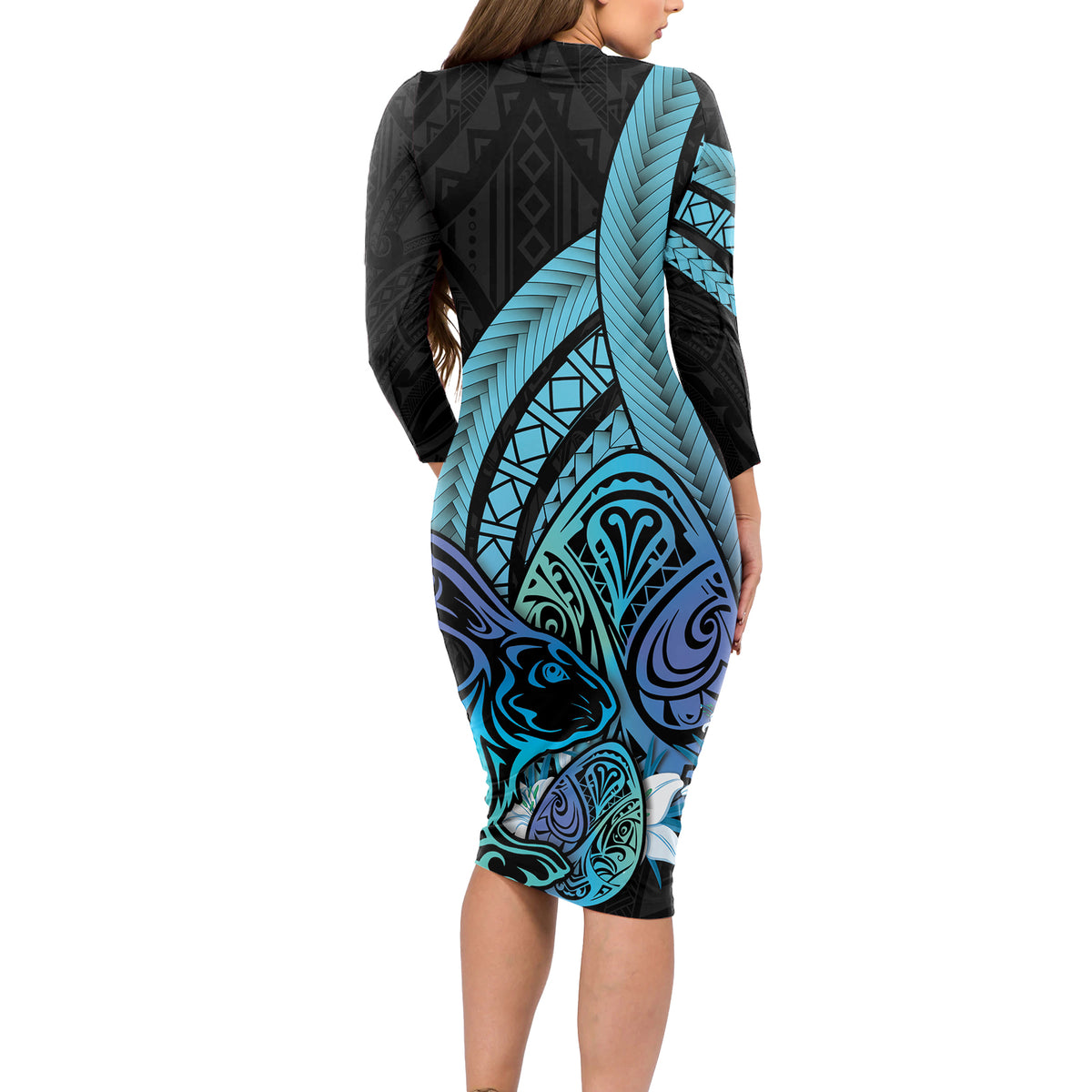 Turquoise Polynesia Easter Day Long Sleeve Bodycon Dress Eggs With Bunny Polynesian Pattern LT14 - Polynesian Pride