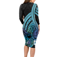 Turquoise Polynesia Easter Day Long Sleeve Bodycon Dress Eggs With Bunny Polynesian Pattern LT14 - Polynesian Pride
