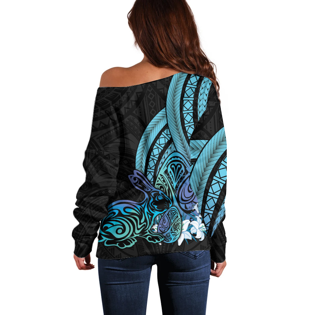Turquoise Polynesia Easter Day Off Shoulder Sweater Eggs With Bunny Polynesian Pattern LT14 - Polynesian Pride
