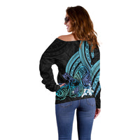 Turquoise Polynesia Easter Day Off Shoulder Sweater Eggs With Bunny Polynesian Pattern LT14 - Polynesian Pride