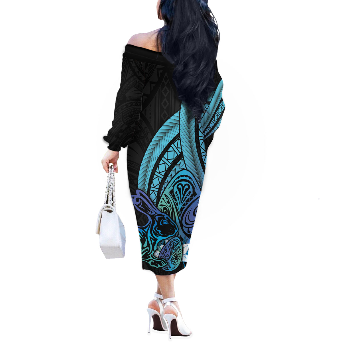 Turquoise Polynesia Easter Day Off The Shoulder Long Sleeve Dress Eggs With Bunny Polynesian Pattern LT14 - Polynesian Pride