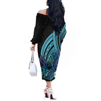 Turquoise Polynesia Easter Day Off The Shoulder Long Sleeve Dress Eggs With Bunny Polynesian Pattern LT14 - Polynesian Pride