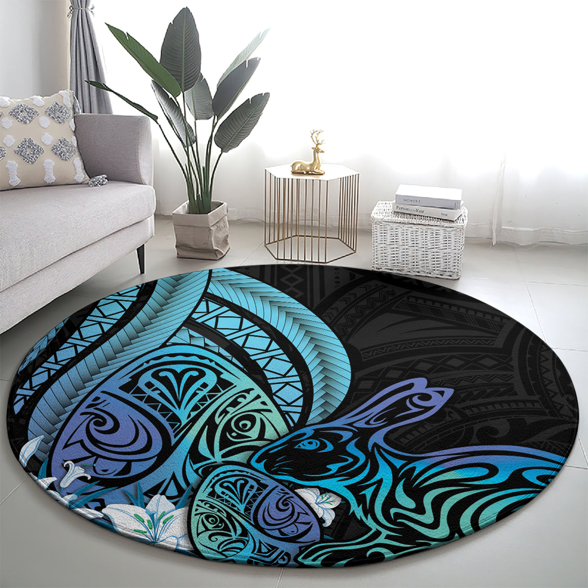 Turquoise Polynesia Easter Day Round Carpet Eggs With Bunny Polynesian Pattern LT14 - Polynesian Pride