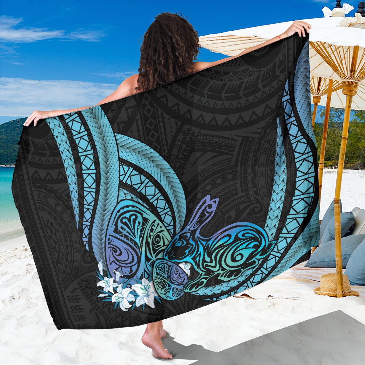 Turquoise Polynesia Easter Day Sarong Eggs With Bunny Polynesian Pattern LT14 One Size 44 x 66 inches Turquoise - Polynesian Pride
