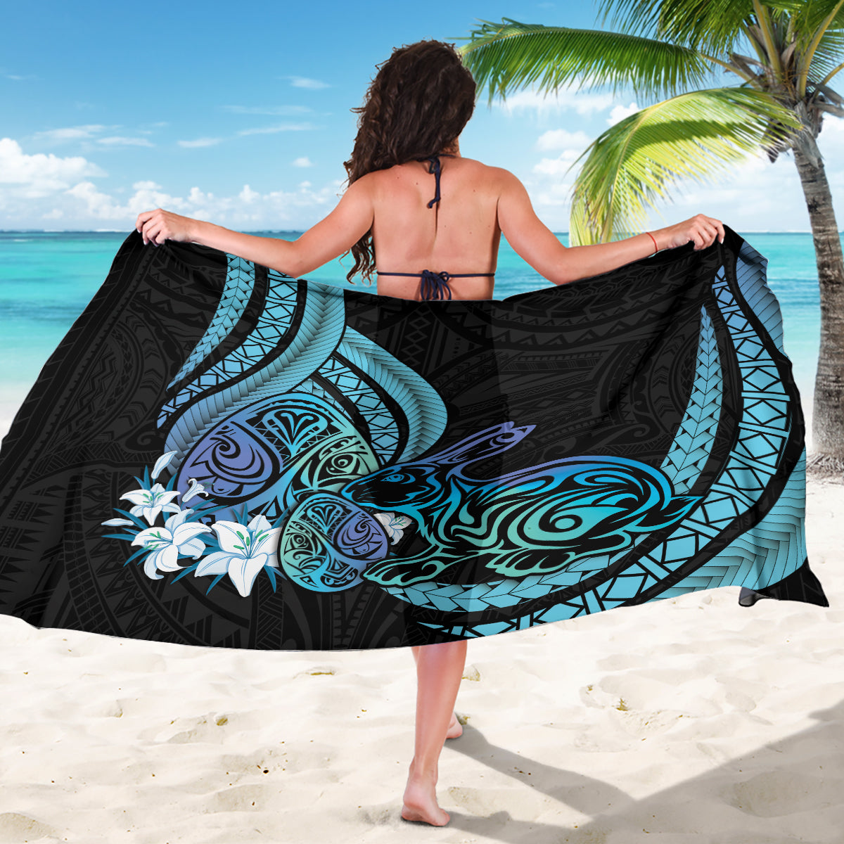 Turquoise Polynesia Easter Day Sarong Eggs With Bunny Polynesian Pattern LT14 - Polynesian Pride