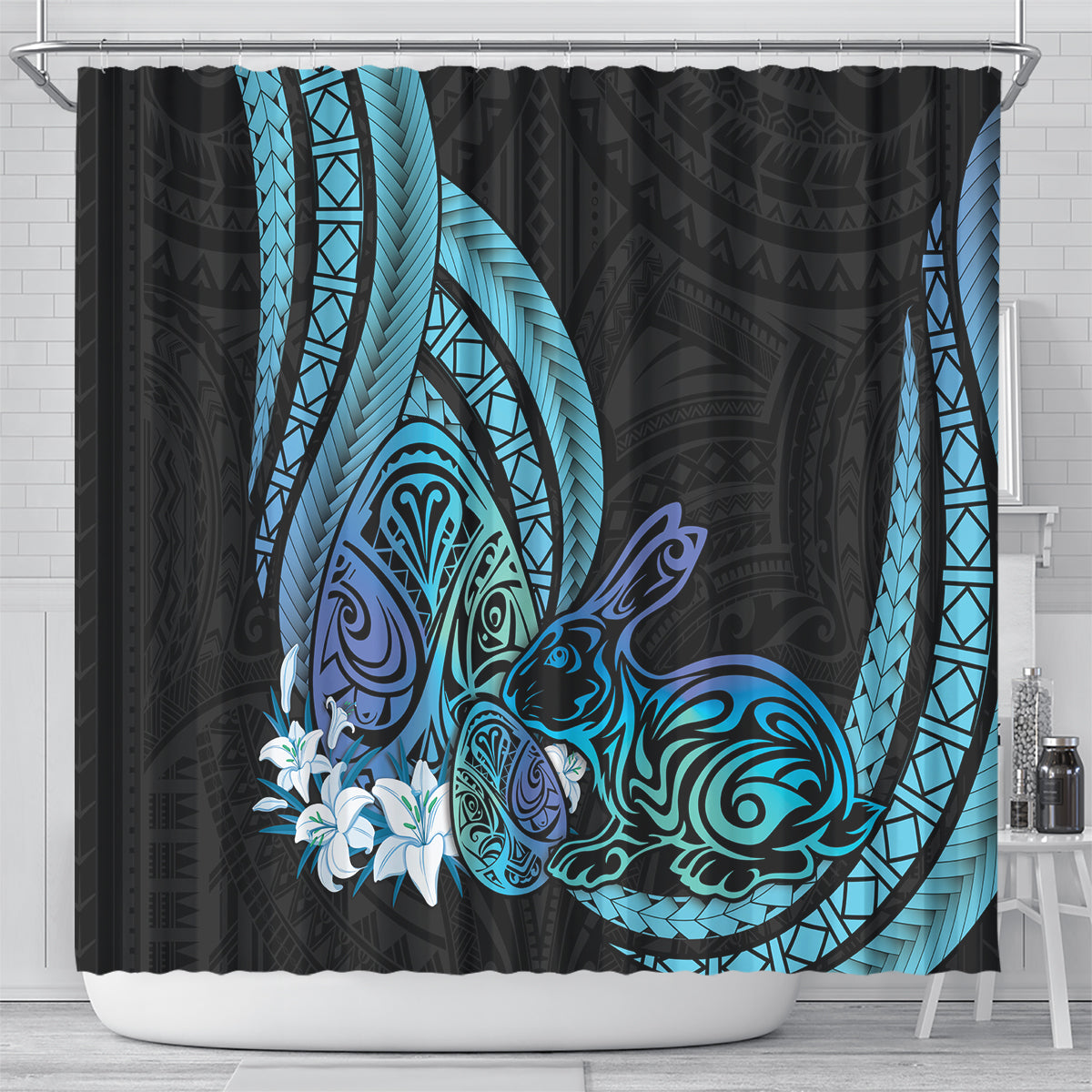 Turquoise Polynesia Easter Day Shower Curtain Eggs With Bunny Polynesian Pattern LT14 - Polynesian Pride
