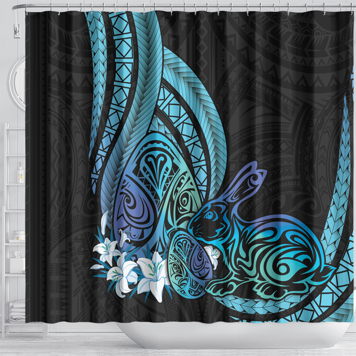 Turquoise Polynesia Easter Day Shower Curtain Eggs With Bunny Polynesian Pattern LT14 - Polynesian Pride