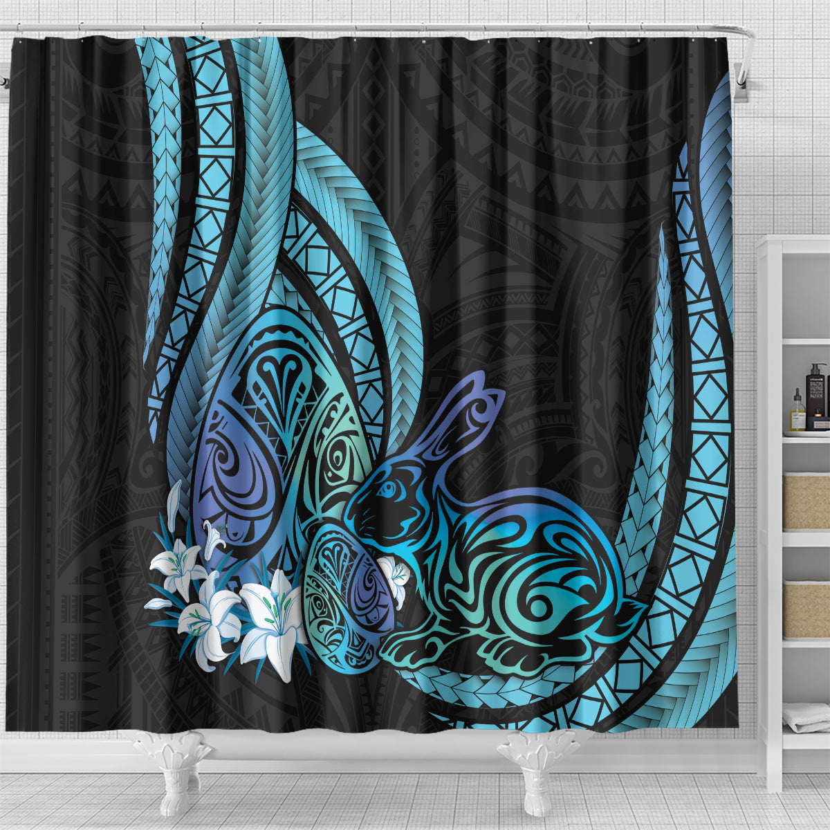 Turquoise Polynesia Easter Day Shower Curtain Eggs With Bunny Polynesian Pattern LT14 - Polynesian Pride