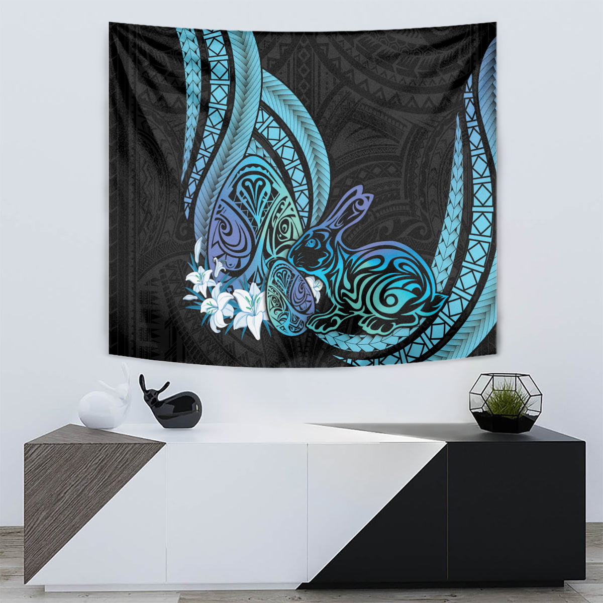 Turquoise Polynesia Easter Day Tapestry Eggs With Bunny Polynesian Pattern LT14 - Polynesian Pride
