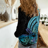 Turquoise Polynesia Easter Day Women Casual Shirt Eggs With Bunny Polynesian Pattern LT14 - Polynesian Pride