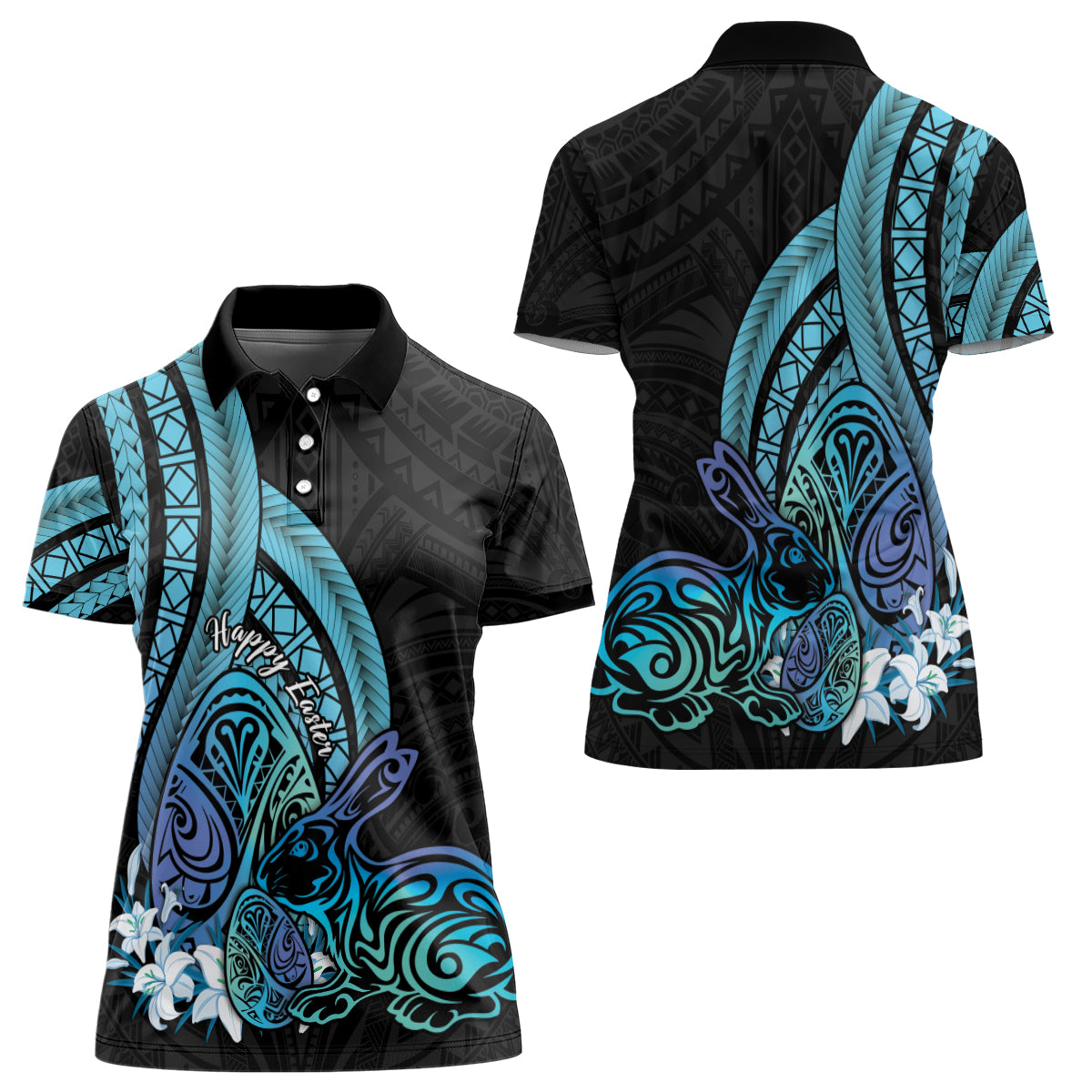 Turquoise Polynesia Easter Day Women Polo Shirt Eggs With Bunny Polynesian Pattern LT14 - Polynesian Pride