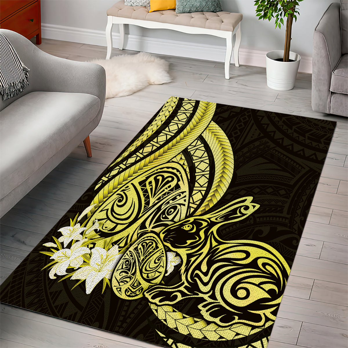 Yellow Polynesia Easter Day Area Rug Eggs With Bunny Polynesian Pattern LT14 - Polynesian Pride