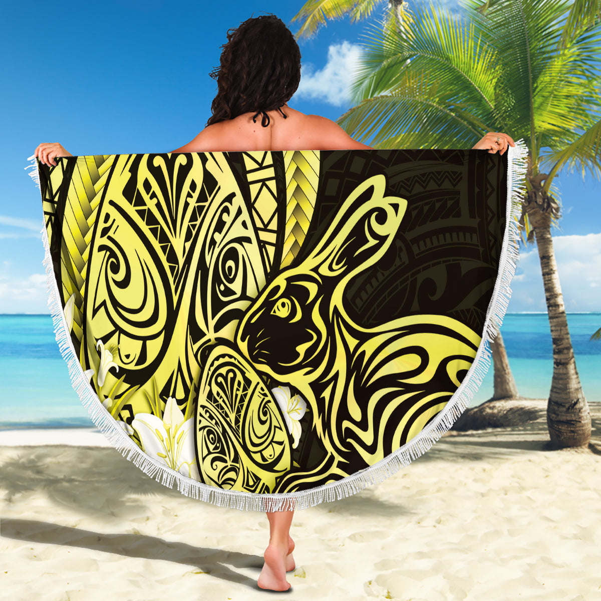 Yellow Polynesia Easter Day Beach Blanket Eggs With Bunny Polynesian Pattern LT14 - Polynesian Pride