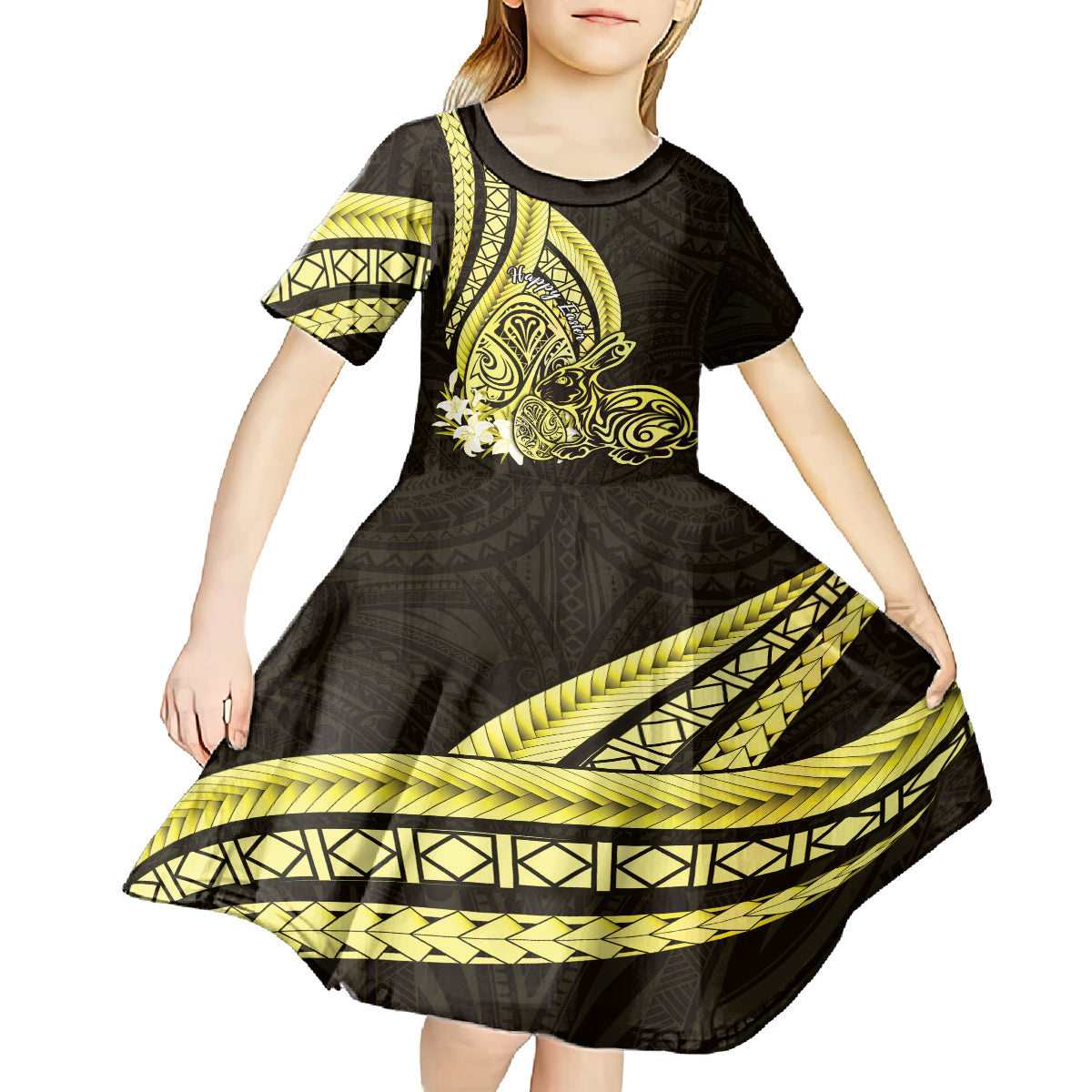 Yellow Polynesia Easter Day Kid Short Sleeve Dress Eggs With Bunny Polynesian Pattern LT14 - Polynesian Pride