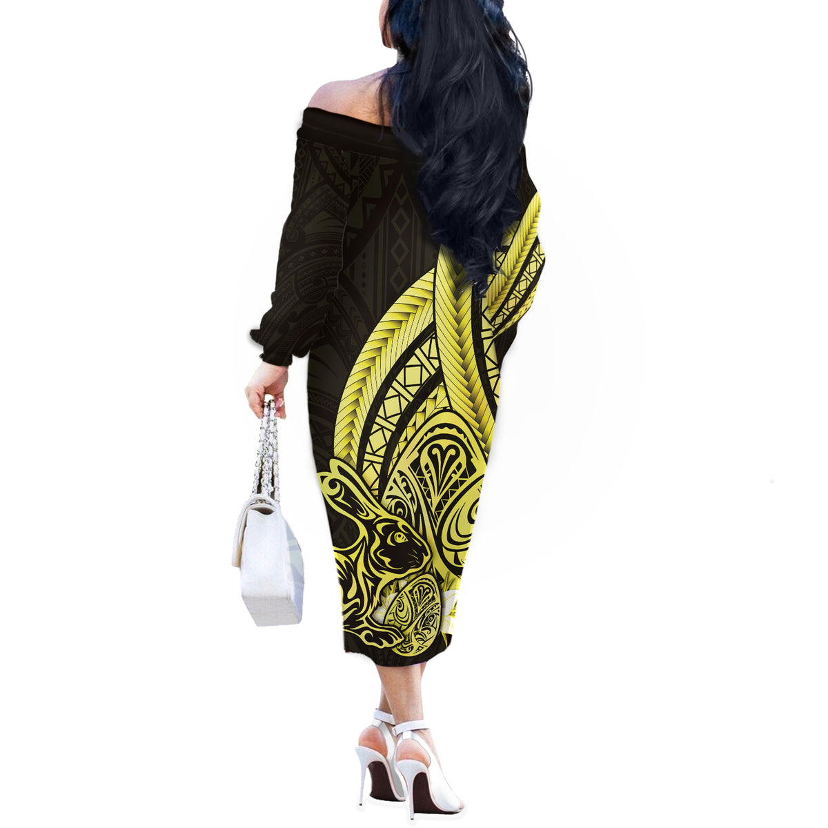 Yellow Polynesia Easter Day Off The Shoulder Long Sleeve Dress Eggs With Bunny Polynesian Pattern LT14 - Polynesian Pride