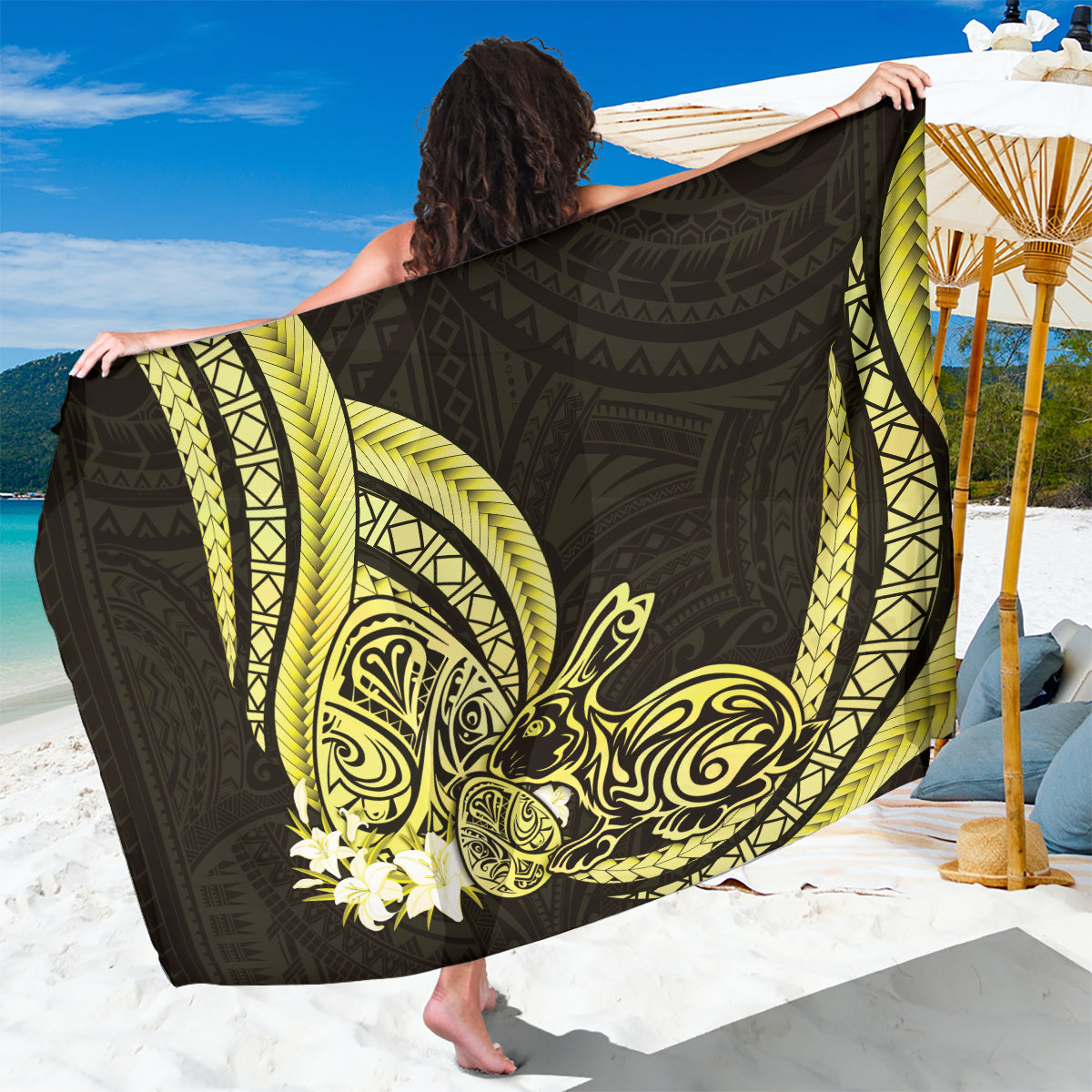 Yellow Polynesia Easter Day Sarong Eggs With Bunny Polynesian Pattern LT14 One Size 44 x 66 inches Yellow - Polynesian Pride