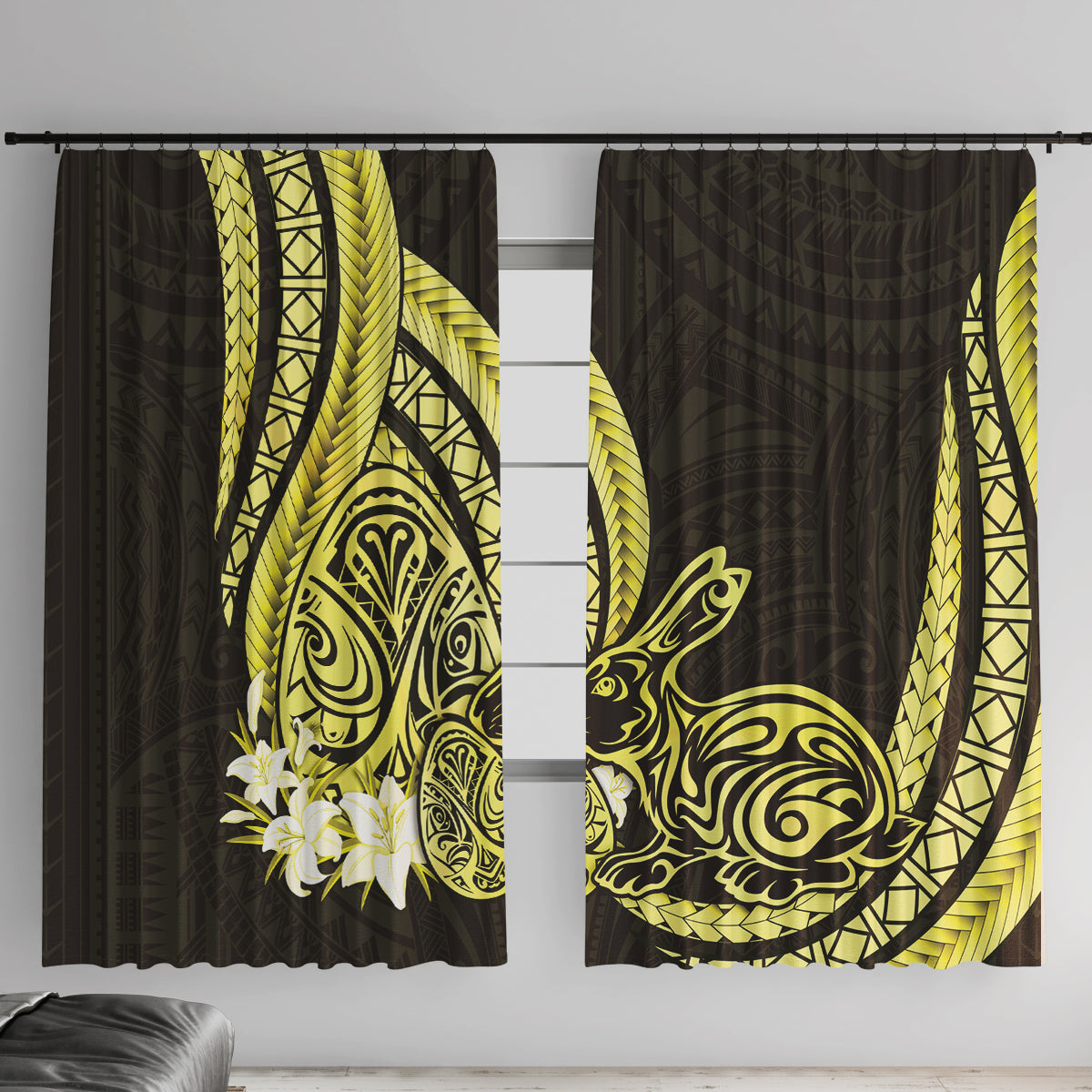 Yellow Polynesia Easter Day Window Curtain Eggs With Bunny Polynesian Pattern LT14 With Hooks Yellow - Polynesian Pride