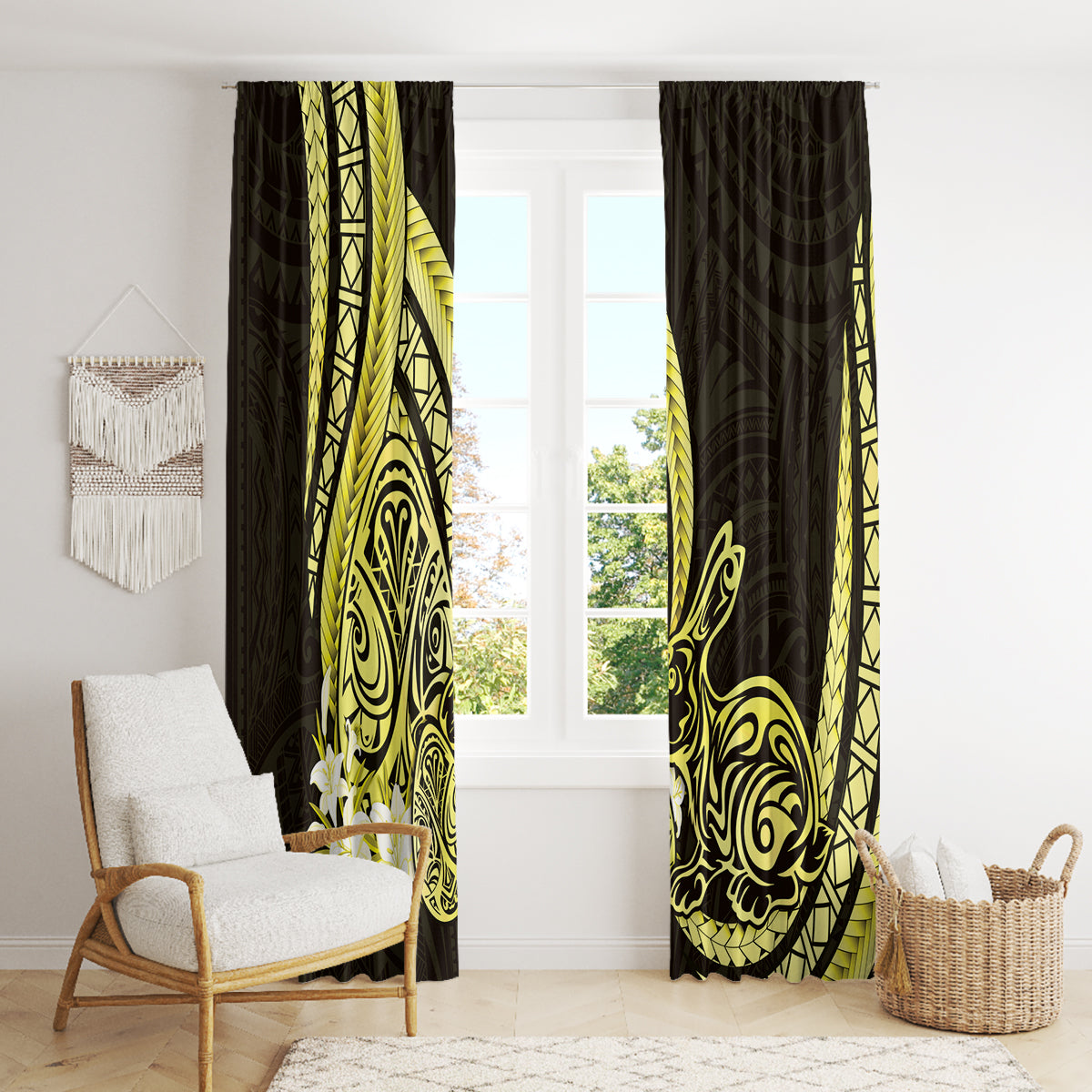 Yellow Polynesia Easter Day Window Curtain Eggs With Bunny Polynesian Pattern LT14 - Polynesian Pride