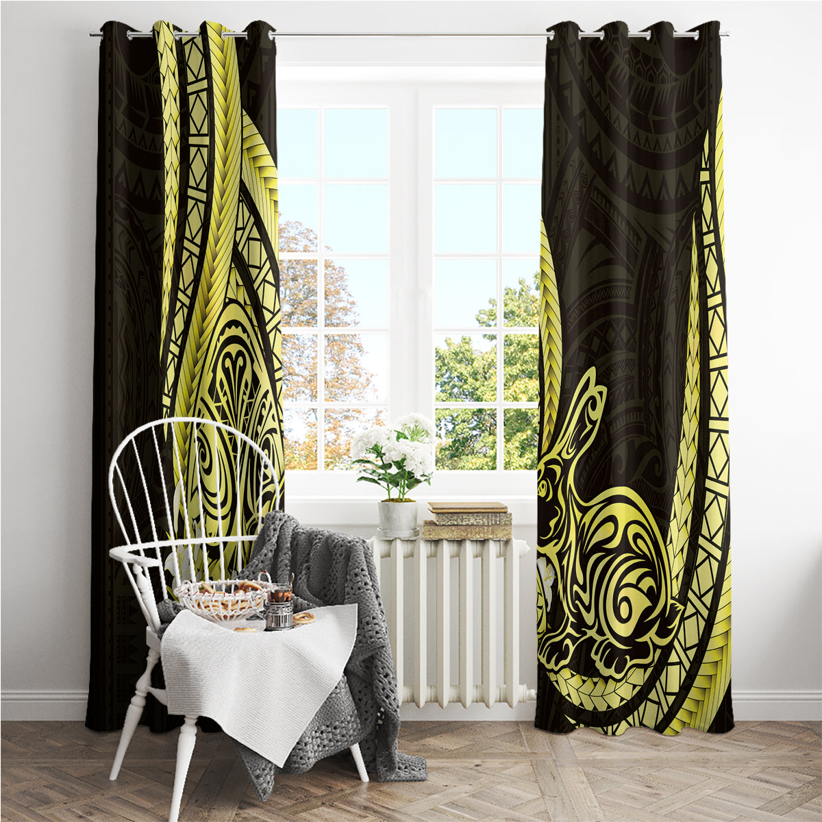 Yellow Polynesia Easter Day Window Curtain Eggs With Bunny Polynesian Pattern LT14 - Polynesian Pride