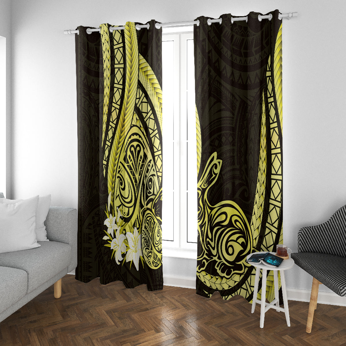 Yellow Polynesia Easter Day Window Curtain Eggs With Bunny Polynesian Pattern LT14 With Grommets Yellow - Polynesian Pride