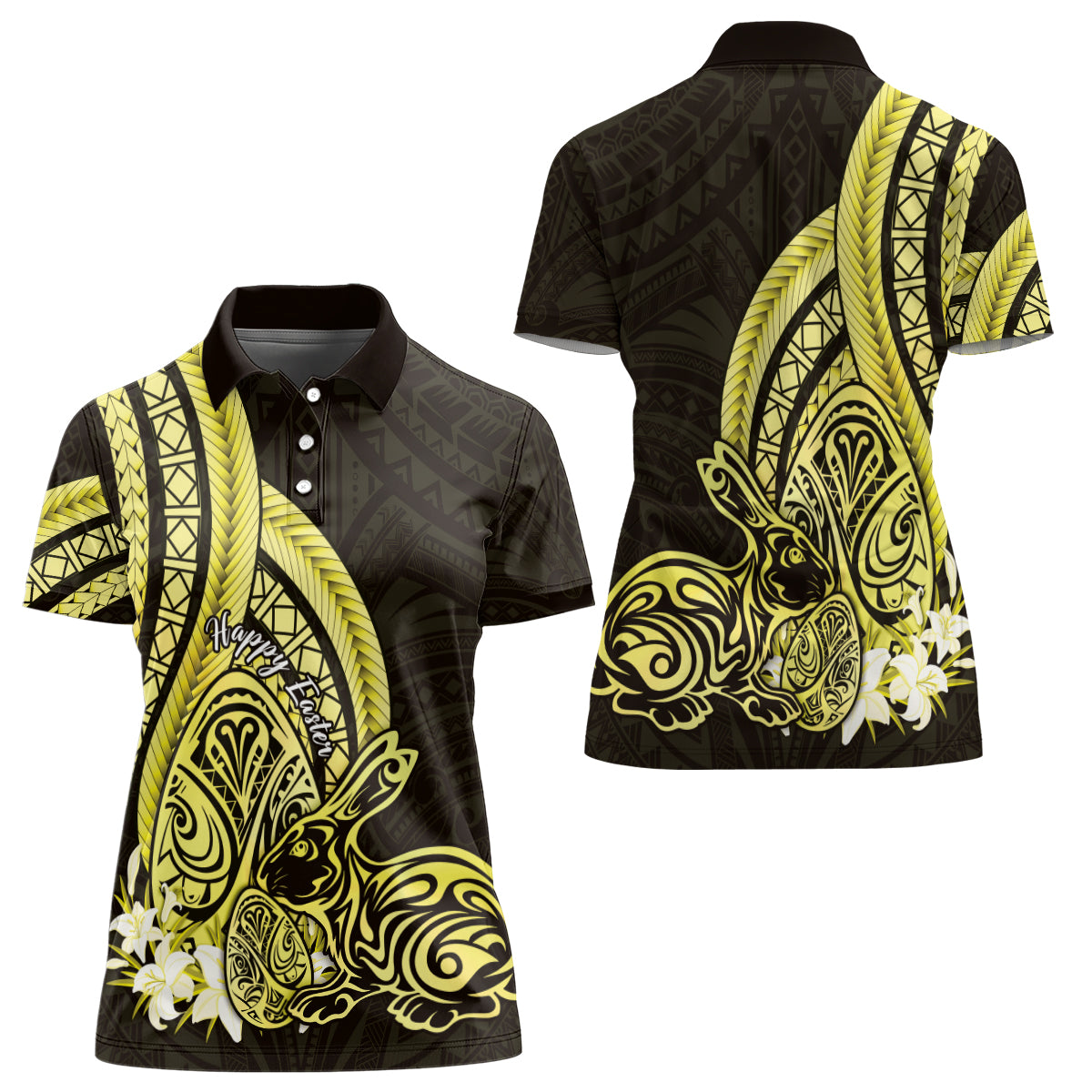 Yellow Polynesia Easter Day Women Polo Shirt Eggs With Bunny Polynesian Pattern LT14 - Polynesian Pride