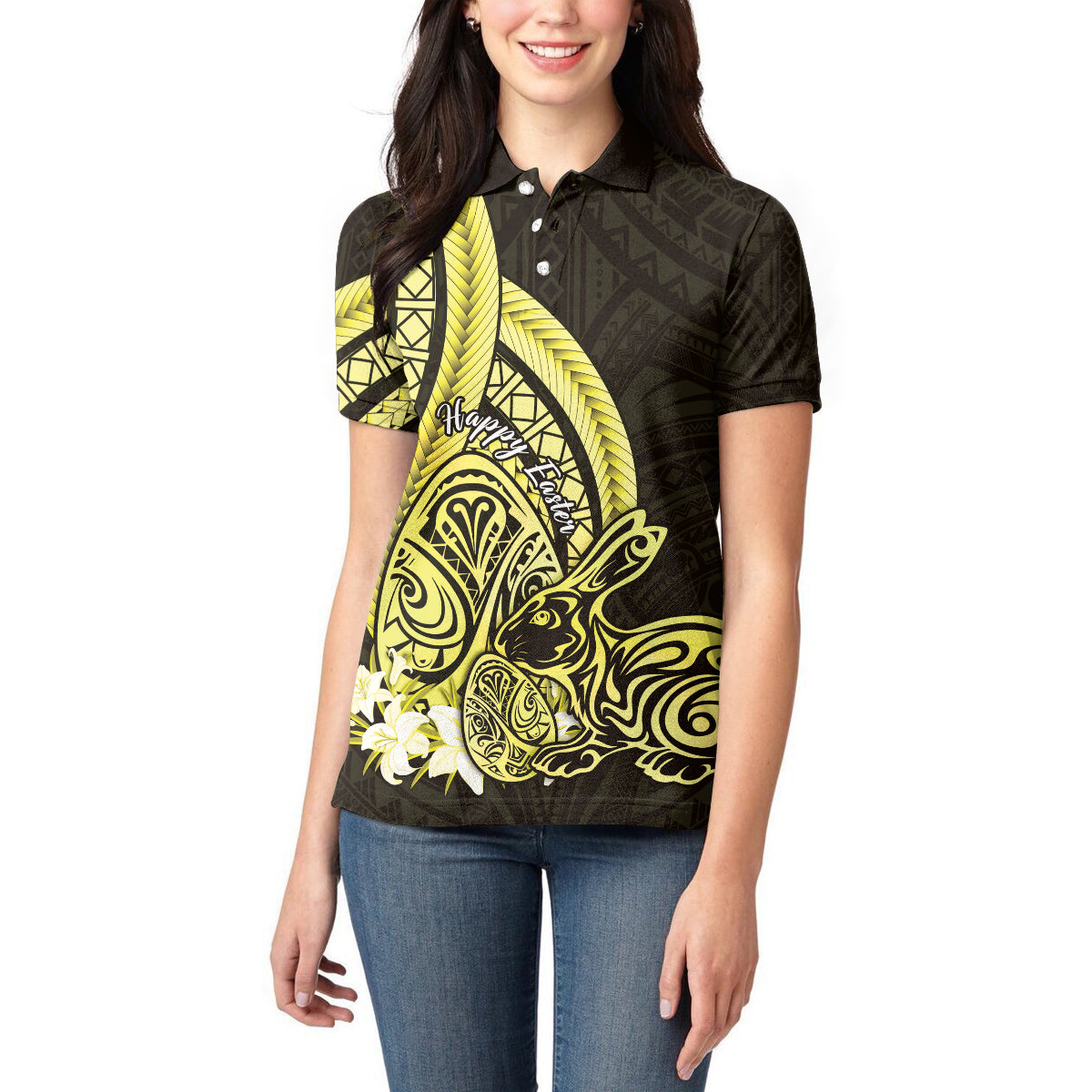 Yellow Polynesia Easter Day Women Polo Shirt Eggs With Bunny Polynesian Pattern LT14 - Polynesian Pride