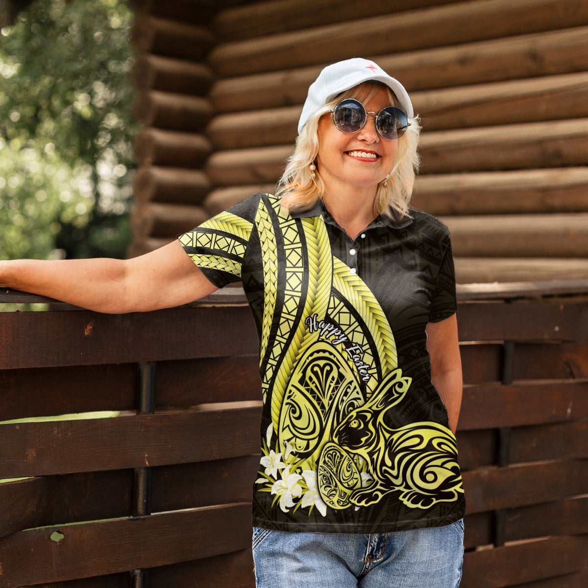 Yellow Polynesia Easter Day Women Polo Shirt Eggs With Bunny Polynesian Pattern LT14 - Polynesian Pride