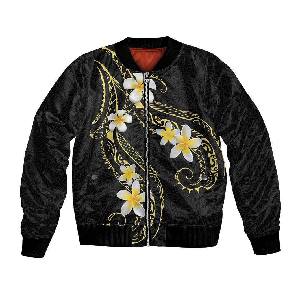 Polynesia Tattoo With Plumeria Bomber Jacket Elegant Vibes LT14 Unisex Black - Polynesian Pride
