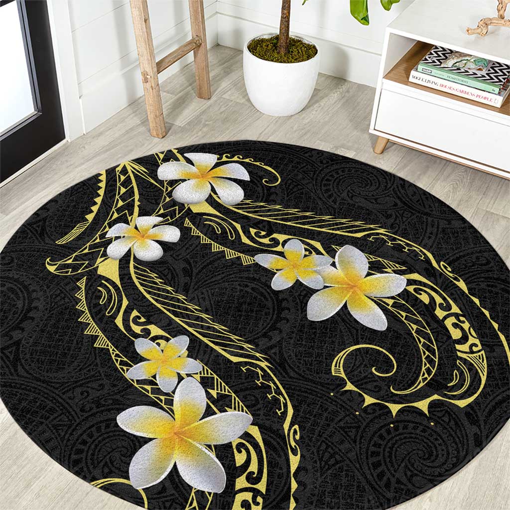 Polynesia Tattoo With Plumeria Round Carpet Elegant Vibes LT14 Black - Polynesian Pride