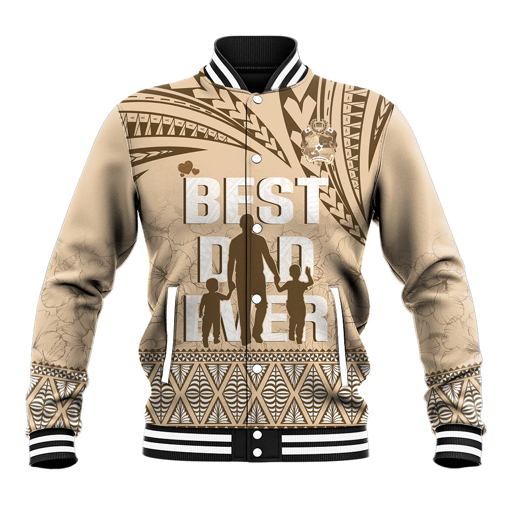 Tonga Father's Day Baseball Jacket Best Dad Ever Tongan Ngatu Pattern - Beige LT14 Unisex Beige - Polynesian Pride