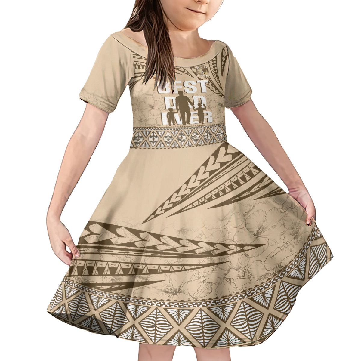 Tonga Father's Day Kid Short Sleeve Dress Best Dad Ever Tongan Ngatu Pattern - Beige LT14 KID Beige - Polynesian Pride