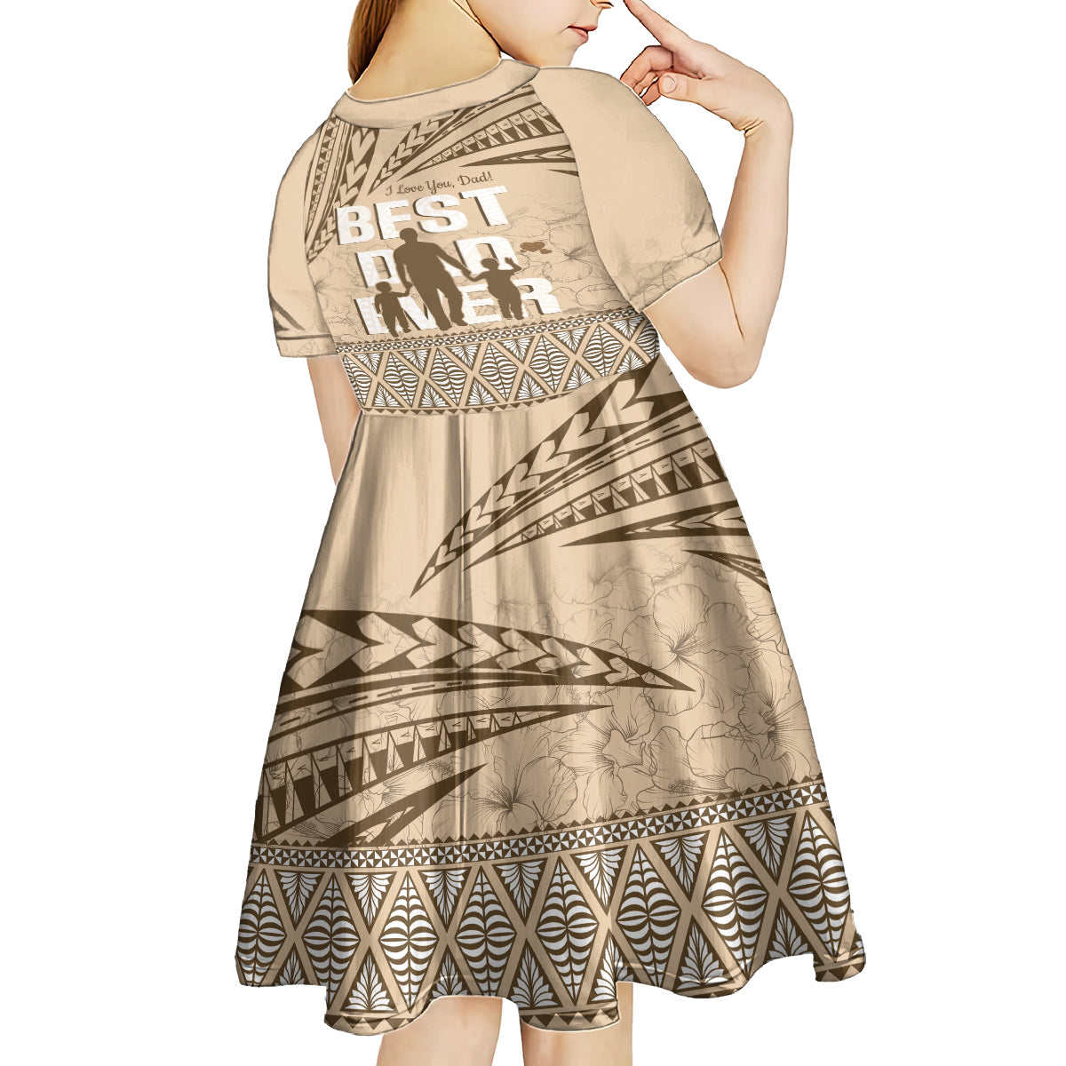 Tonga Father's Day Kid Short Sleeve Dress Best Dad Ever Tongan Ngatu Pattern - Beige LT14 - Polynesian Pride