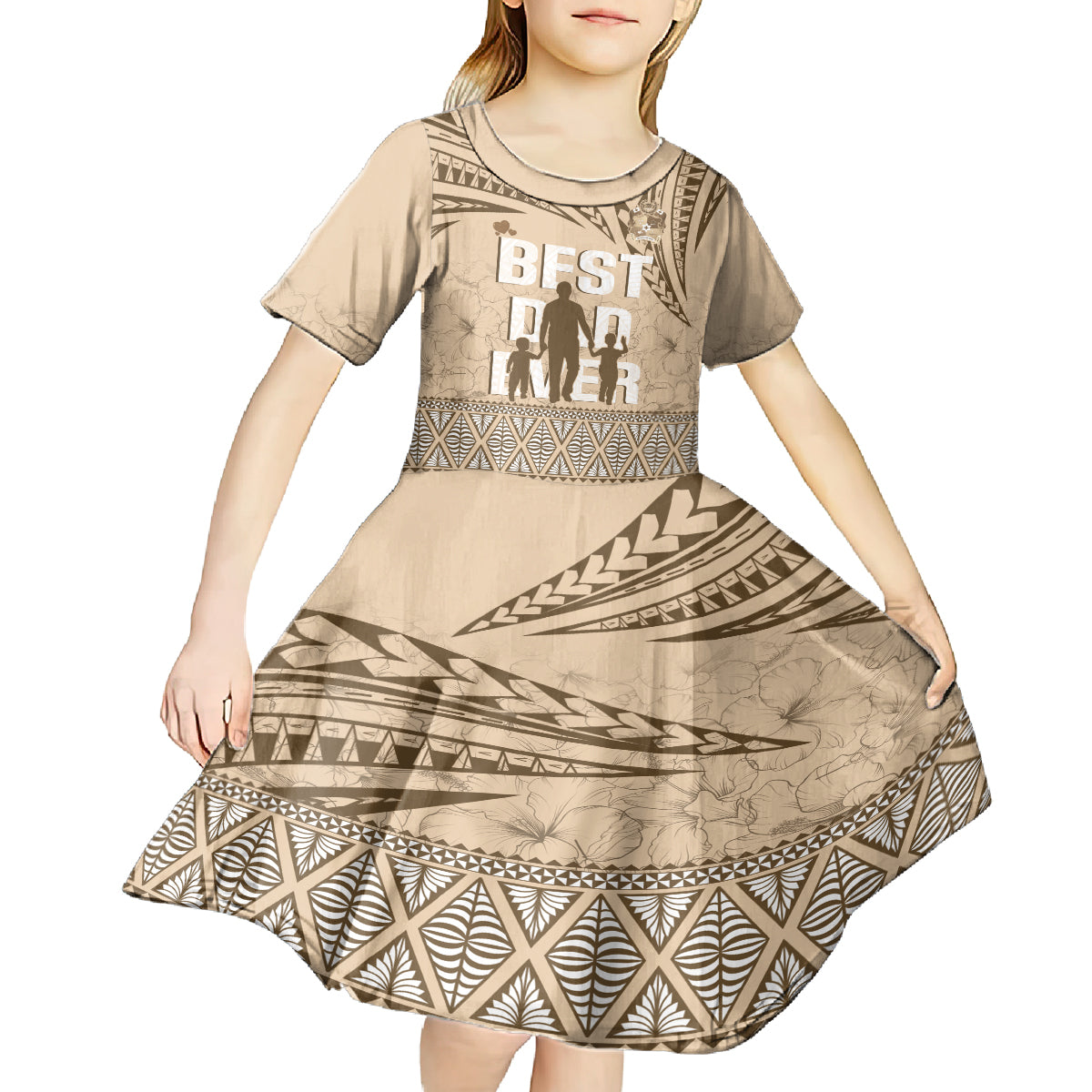 Tonga Father's Day Kid Short Sleeve Dress Best Dad Ever Tongan Ngatu Pattern - Beige LT14 - Polynesian Pride