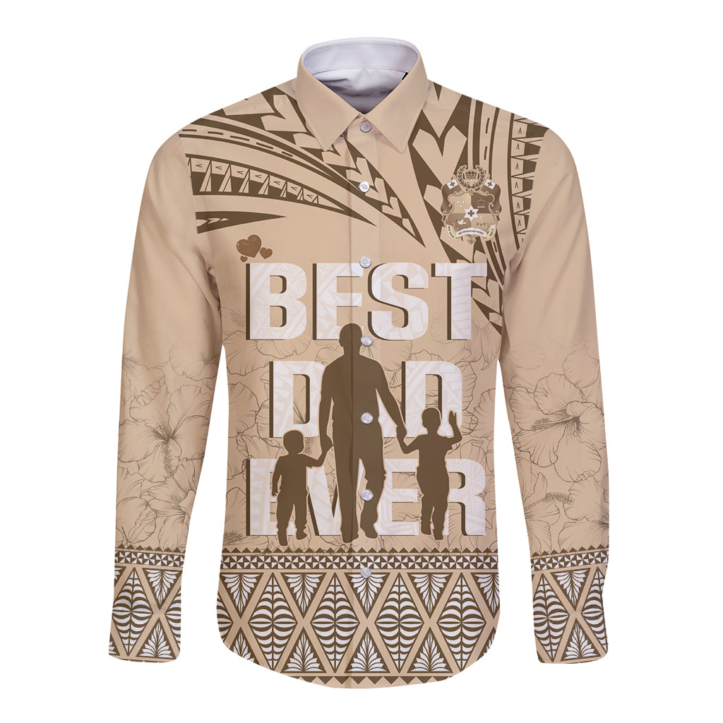 Tonga Father's Day Long Sleeve Button Shirt Best Dad Ever Tongan Ngatu Pattern - Beige LT14 Unisex Beige - Polynesian Pride
