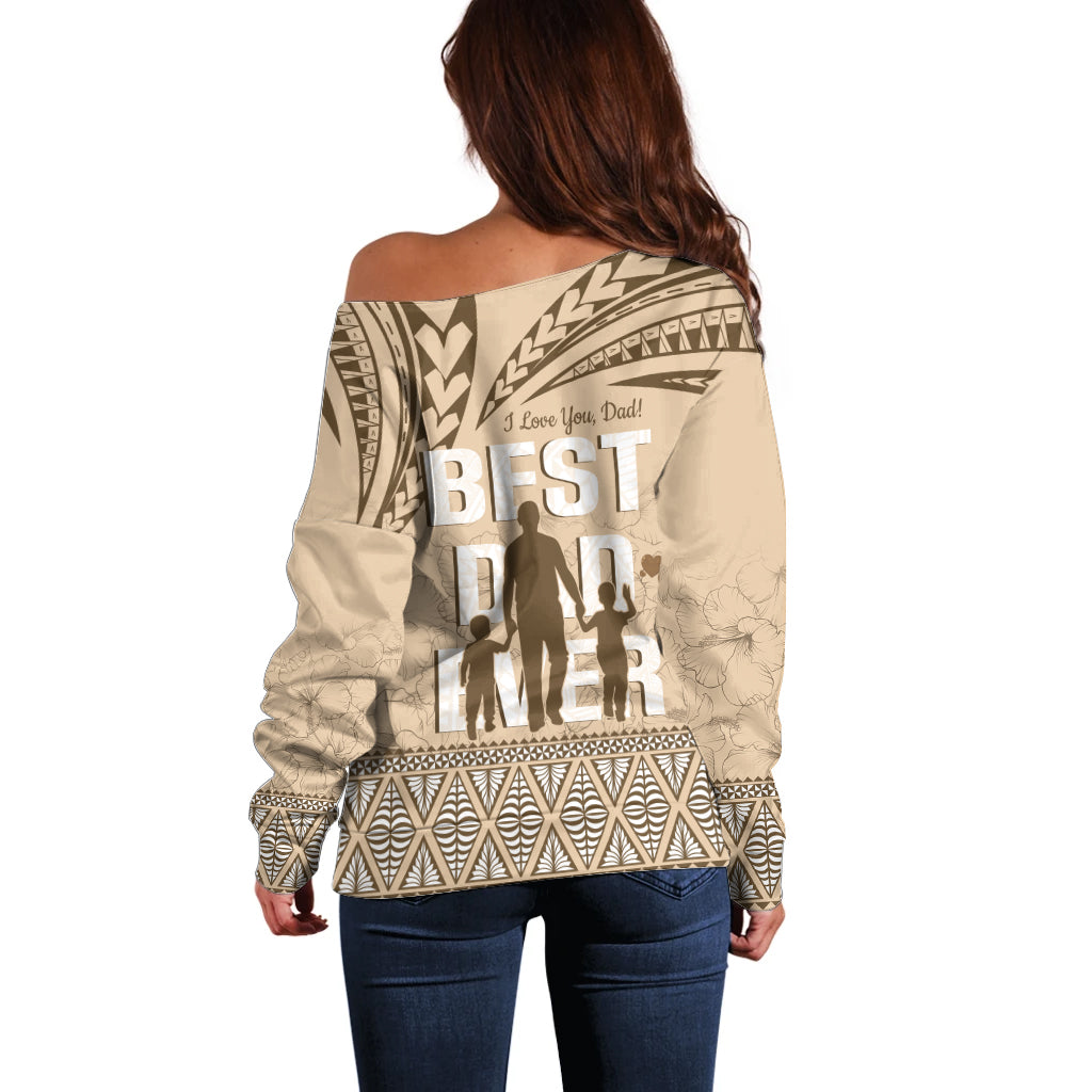 Tonga Father's Day Off Shoulder Sweater Best Dad Ever Tongan Ngatu Pattern - Beige LT14 - Polynesian Pride
