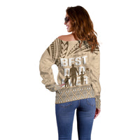 Tonga Father's Day Off Shoulder Sweater Best Dad Ever Tongan Ngatu Pattern - Beige LT14 - Polynesian Pride