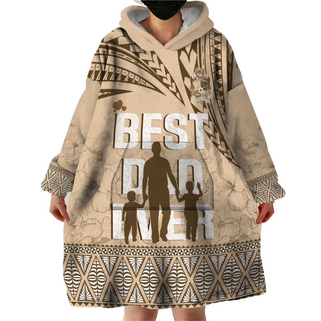 Tonga Father's Day Wearable Blanket Hoodie Best Dad Ever Tongan Ngatu Pattern - Beige LT14 - Polynesian Pride