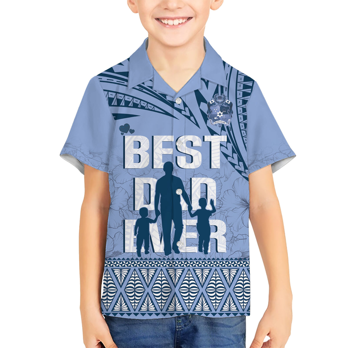 Tonga Father's Day Kid Hawaiian Shirt Best Dad Ever Tongan Ngatu Pattern - Blue LT14 Kid Blue - Polynesian Pride