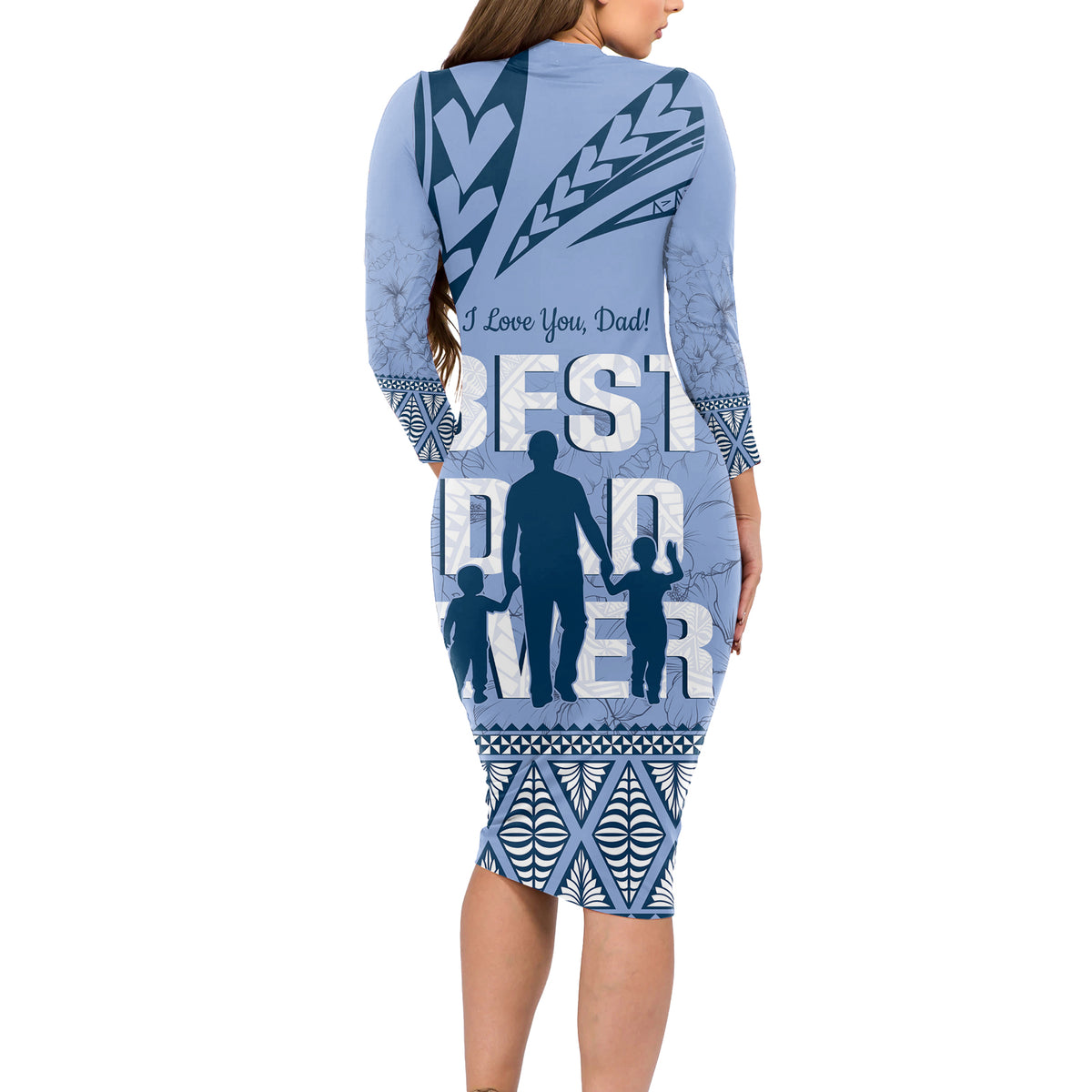 Tonga Father's Day Long Sleeve Bodycon Dress Best Dad Ever Tongan Ngatu Pattern - Blue LT14 - Polynesian Pride