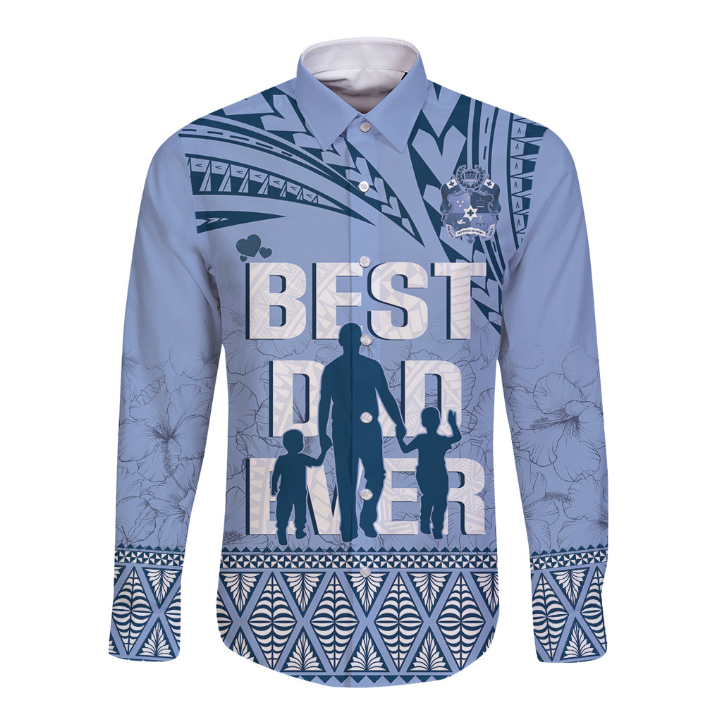 Tonga Father's Day Long Sleeve Button Shirt Best Dad Ever Tongan Ngatu Pattern - Blue LT14 Unisex Blue - Polynesian Pride