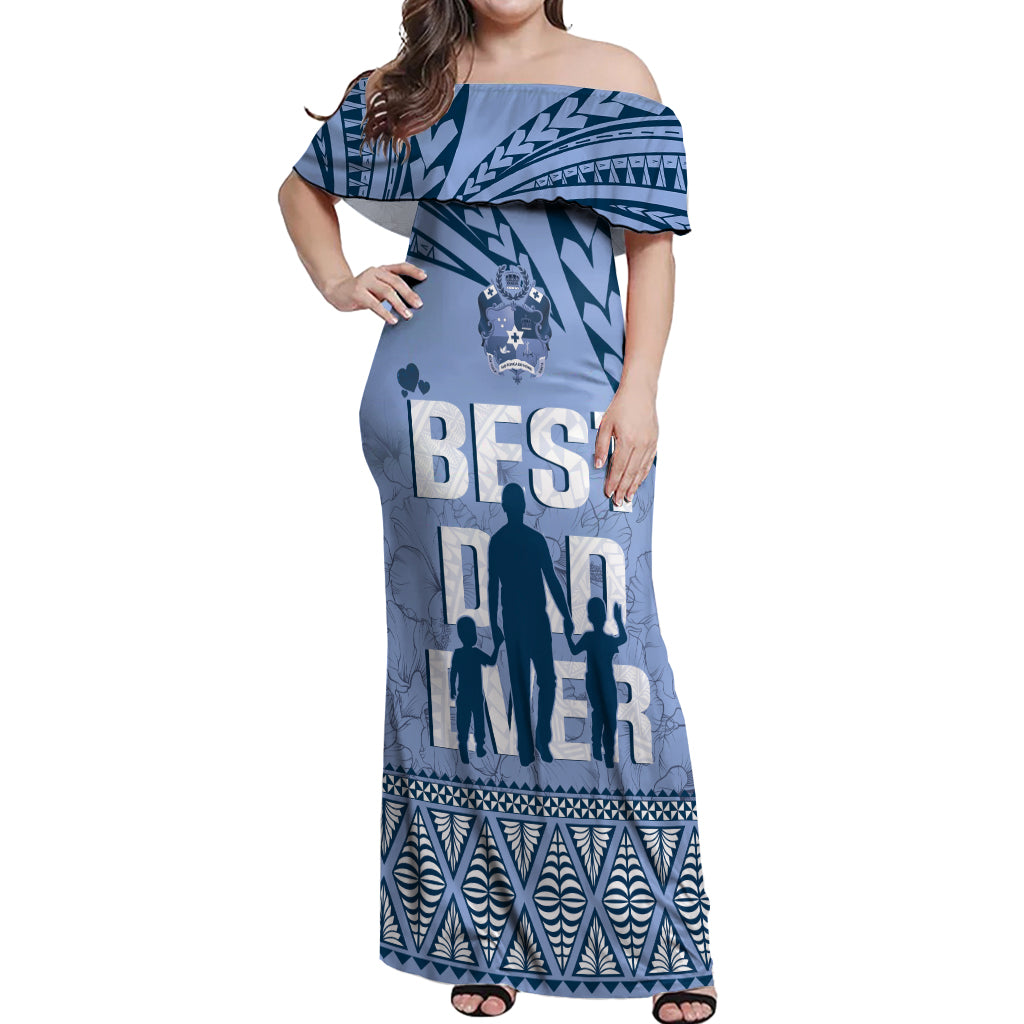 Tonga Father's Day Off Shoulder Maxi Dress Best Dad Ever Tongan Ngatu Pattern - Blue LT14 Women Blue - Polynesian Pride