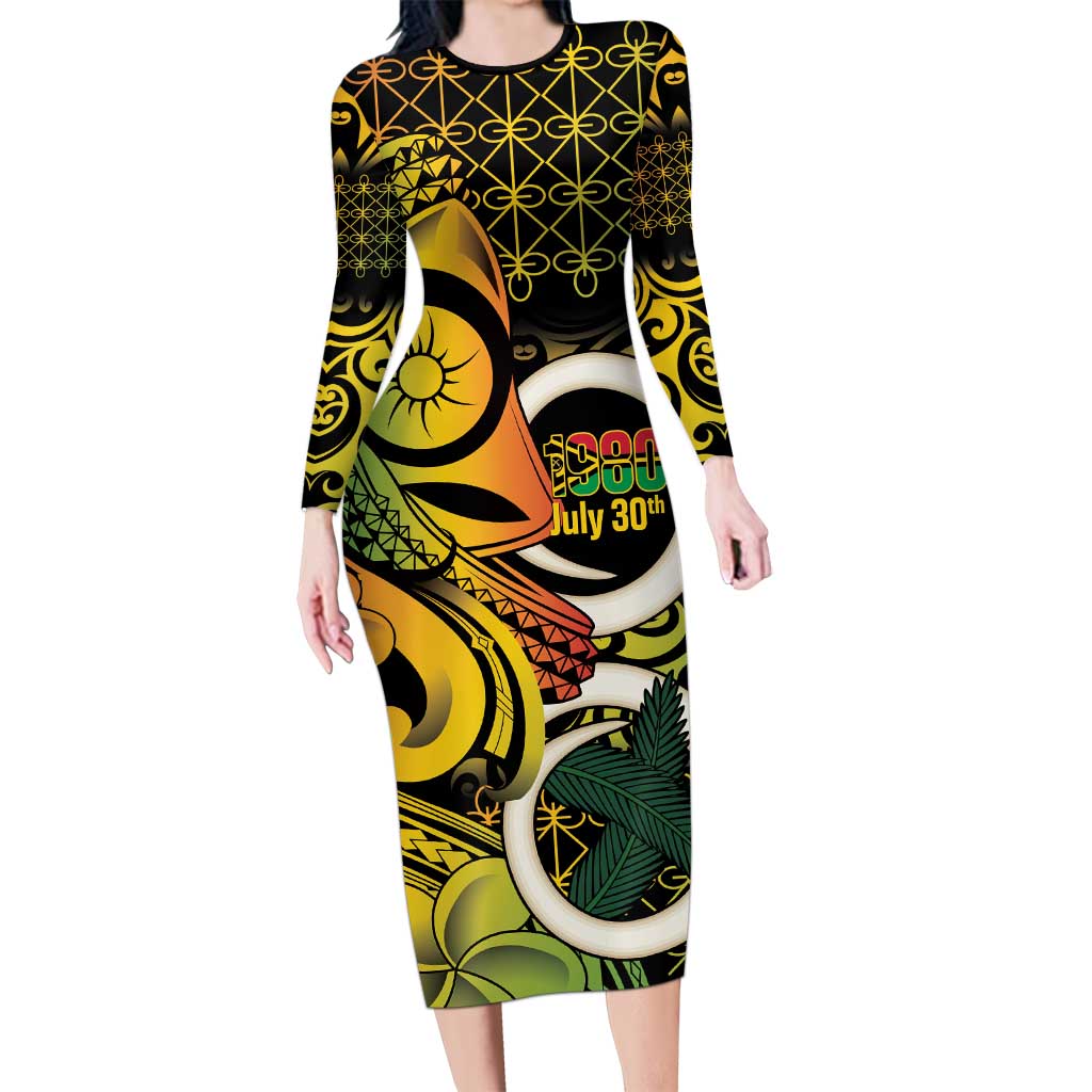 Vanuatu 1980 Long Sleeve Bodycon Dress Ni-Van Tamtam Sand Drawing Pattern LT14 Long Dress Black - Polynesian Pride