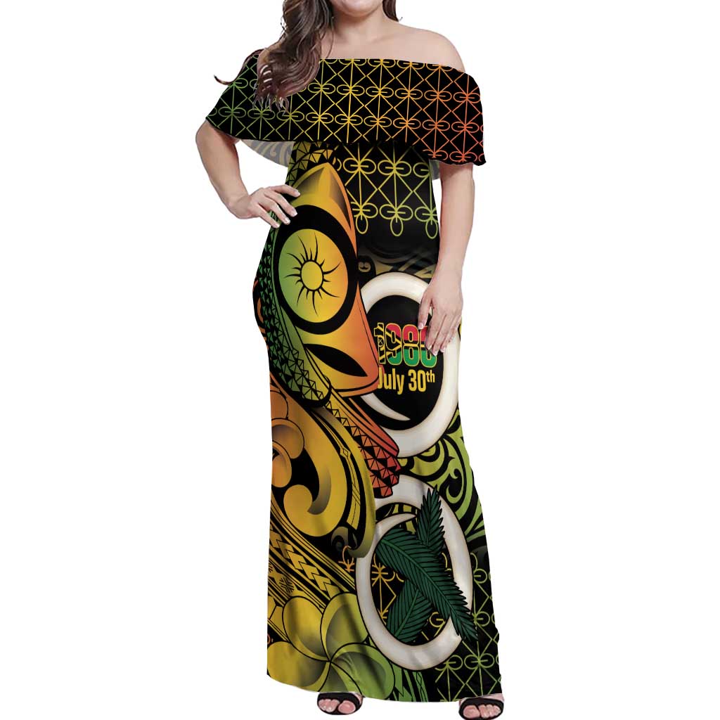 Vanuatu 1980 Off Shoulder Maxi Dress Ni-Van Tamtam Sand Drawing Pattern LT14 Women Black - Polynesian Pride