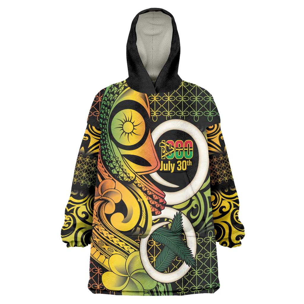 Vanuatu 1980 Wearable Blanket Hoodie Ni-Van Tamtam Sand Drawing Pattern LT14 One Size Black - Polynesian Pride