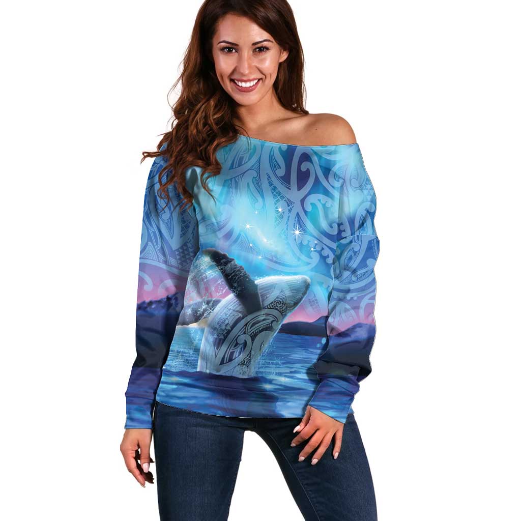 New Zealand Matariki Humpback Whale Off Shoulder Sweater Paikea Maori New Year Blue Galaxy LT14 Women Blue - Polynesian Pride